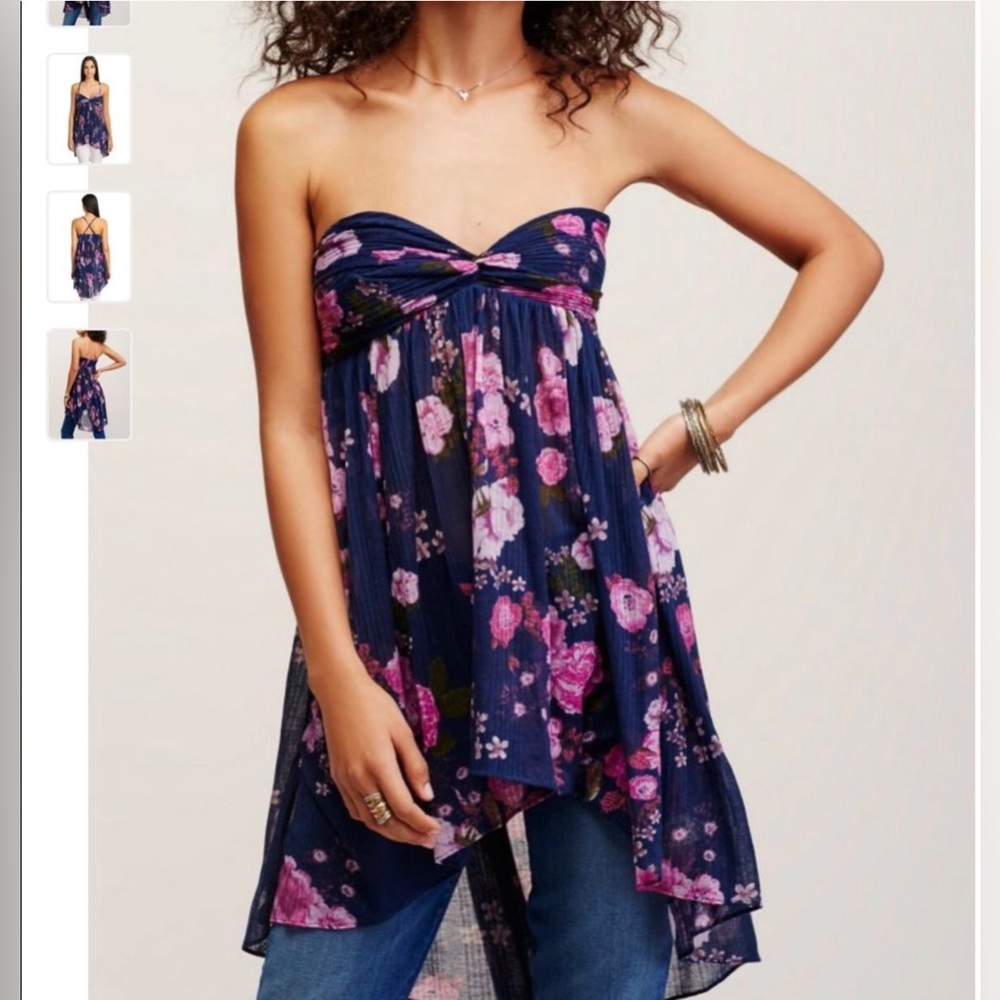 NWT Free People Mirage Tunic Straps Strapless Sz S Color Blue Floral SRP $88
